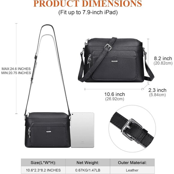 Luxury Black Cowhide Leather Crossbody Purse for Women - Sleek Design & Storage - Picture 6 of 8